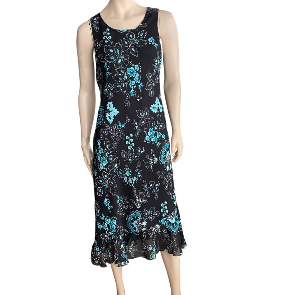 Black & Blue Floral Sleeveless Midi Dress Sz 10